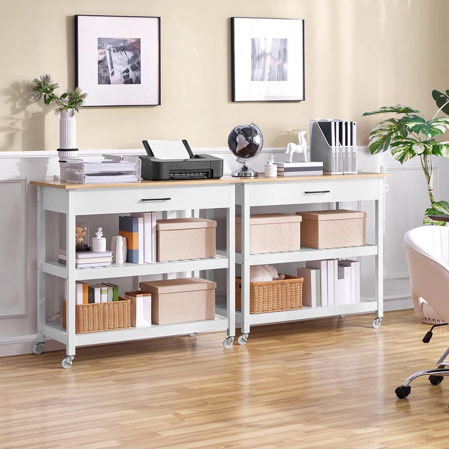 Kitchen Island Cart on Wheels, 3 Tiers Rolling Utility Cart with Rubberwood Countertop and Drawer & 2 Spacious Storage Shelf, Serving Trolley for Dining Room, White