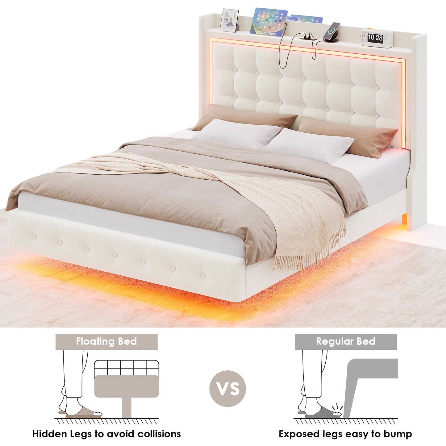 Twin Size Floating Bed Frame with RGB LED Lights & Charging Station, Modern Velvet Upholstered Platform Bed Frame with Storage Headboard, Off-White