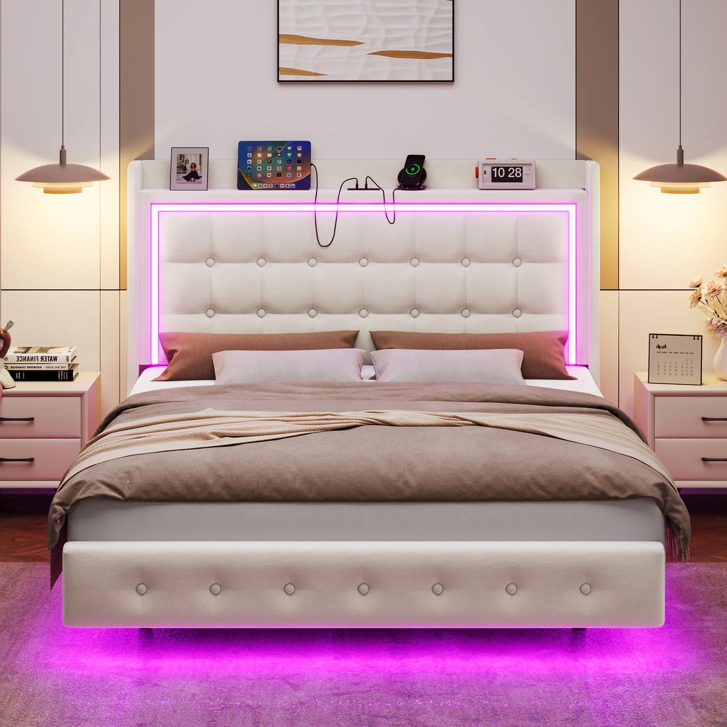Twin Size Floating Bed Frame with RGB LED Lights & Charging Station, Modern Velvet Upholstered Platform Bed Frame with Storage Headboard, Off-White