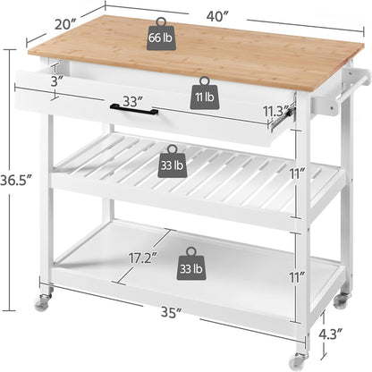 Kitchen Island Cart on Wheels, 3 Tiers Rolling Utility Cart with Rubberwood Countertop and Drawer & 2 Spacious Storage Shelf, Serving Trolley for Dining Room, White