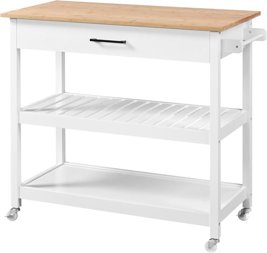 Kitchen Island Cart on Wheels, 3 Tiers Rolling Utility Cart with Rubberwood Countertop and Drawer & 2 Spacious Storage Shelf, Serving Trolley for Dining Room, White