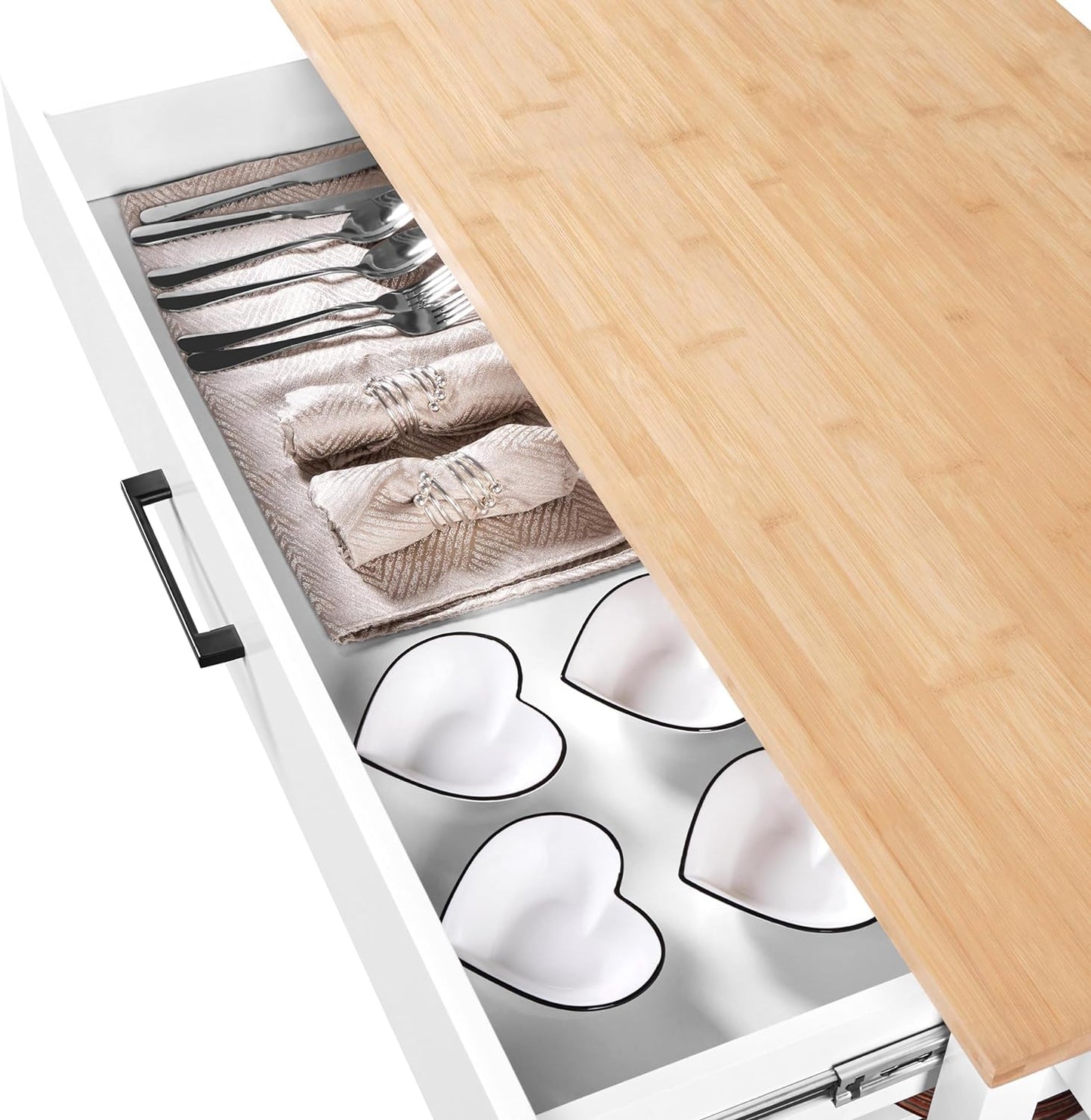 Kitchen Island Cart on Wheels, 3 Tiers Rolling Utility Cart with Rubberwood Countertop and Drawer & 2 Spacious Storage Shelf, Serving Trolley for Dining Room, White