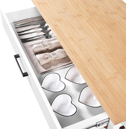 Kitchen Island Cart on Wheels, 3 Tiers Rolling Utility Cart with Rubberwood Countertop and Drawer & 2 Spacious Storage Shelf, Serving Trolley for Dining Room, White