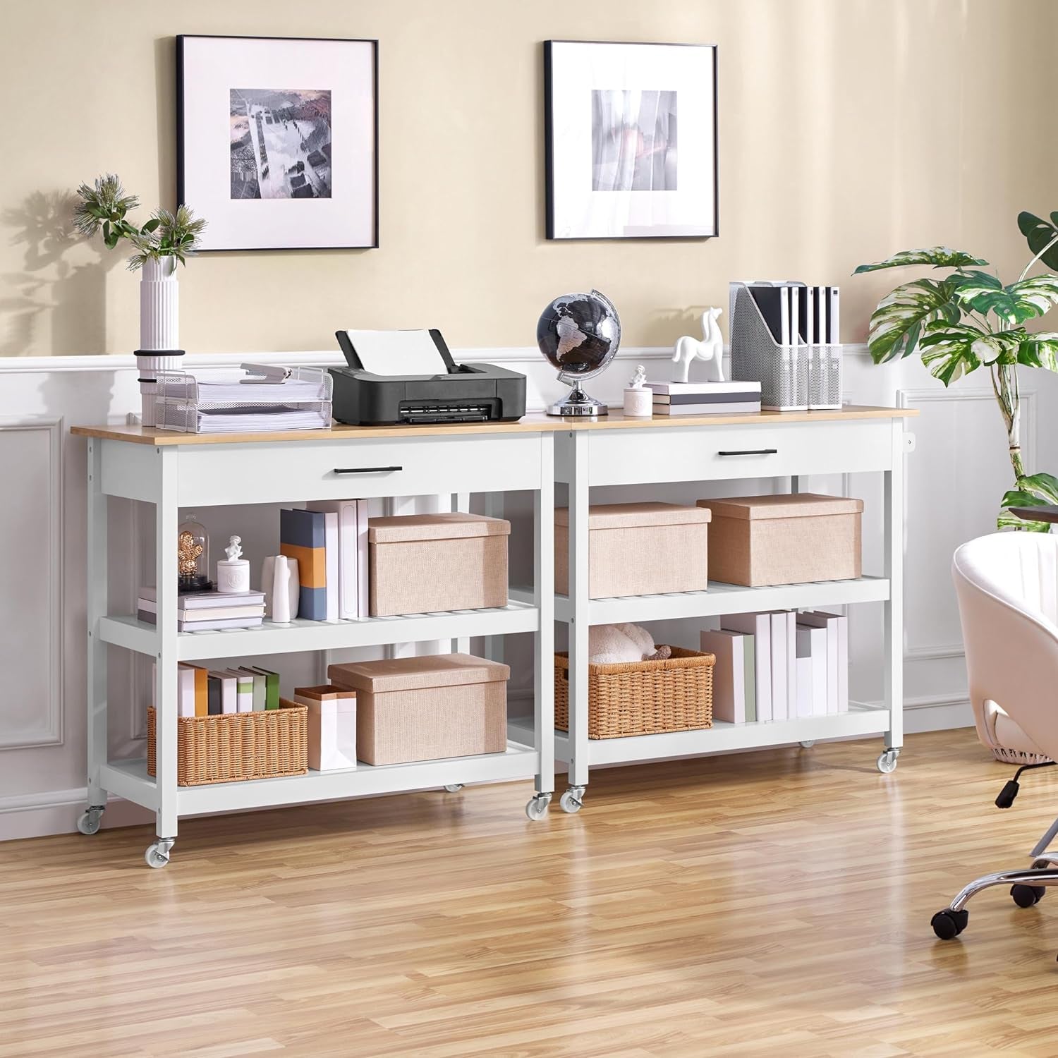 Kitchen Island Cart on Wheels, 3 Tiers Rolling Utility Cart with Rubberwood Countertop and Drawer & 2 Spacious Storage Shelf, Serving Trolley for Dining Room, White