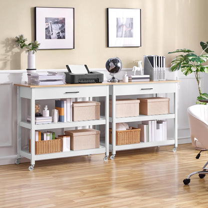 Kitchen Island Cart on Wheels, 3 Tiers Rolling Utility Cart with Rubberwood Countertop and Drawer & 2 Spacious Storage Shelf, Serving Trolley for Dining Room, White