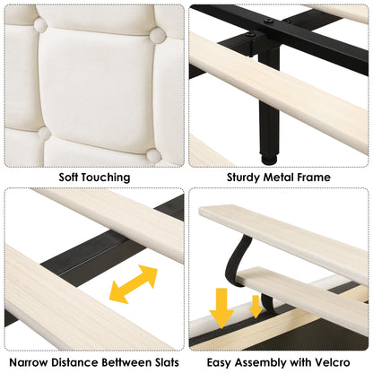 Twin Size Floating Bed Frame with RGB LED Lights & Charging Station, Modern Velvet Upholstered Platform Bed Frame with Storage Headboard, Off-White