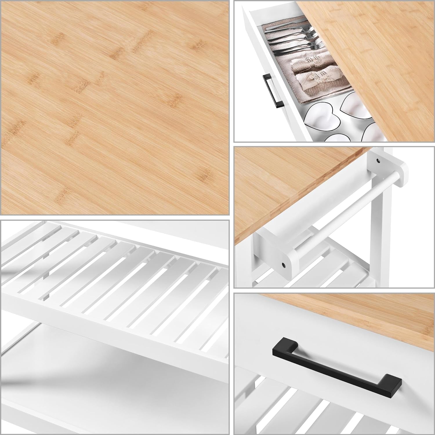 Kitchen Island Cart on Wheels, 3 Tiers Rolling Utility Cart with Rubberwood Countertop and Drawer & 2 Spacious Storage Shelf, Serving Trolley for Dining Room, White