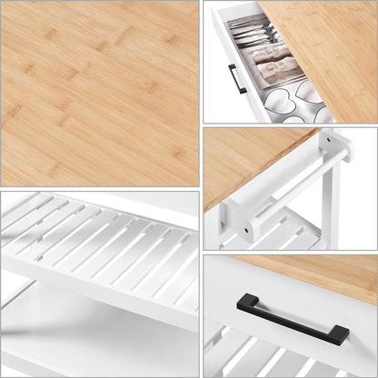 Kitchen Island Cart on Wheels, 3 Tiers Rolling Utility Cart with Rubberwood Countertop and Drawer & 2 Spacious Storage Shelf, Serving Trolley for Dining Room, White