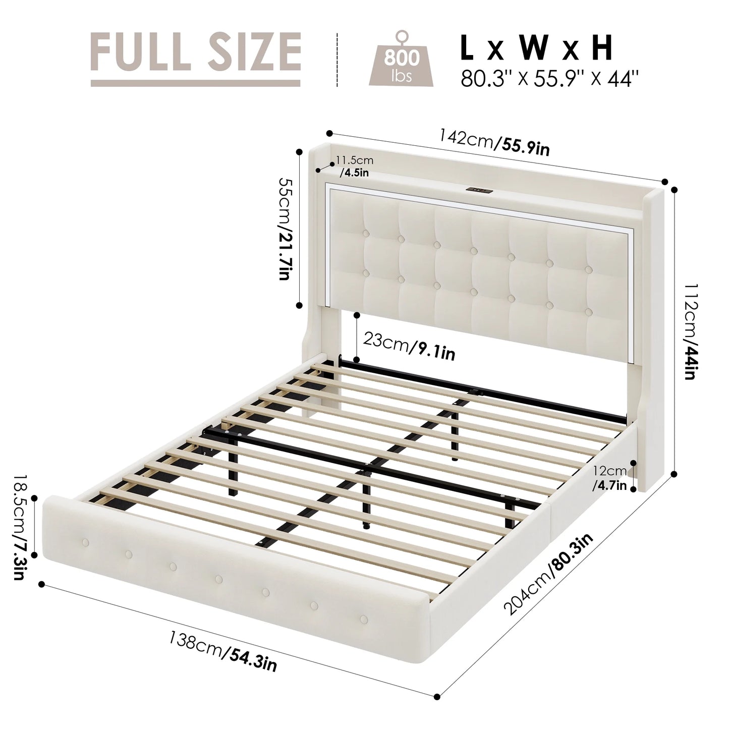 Twin Size Floating Bed Frame with RGB LED Lights & Charging Station, Modern Velvet Upholstered Platform Bed Frame with Storage Headboard, Off-White