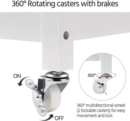 Kitchen Island Cart on Wheels, 3 Tiers Rolling Utility Cart with Rubberwood Countertop and Drawer & 2 Spacious Storage Shelf, Serving Trolley for Dining Room, White