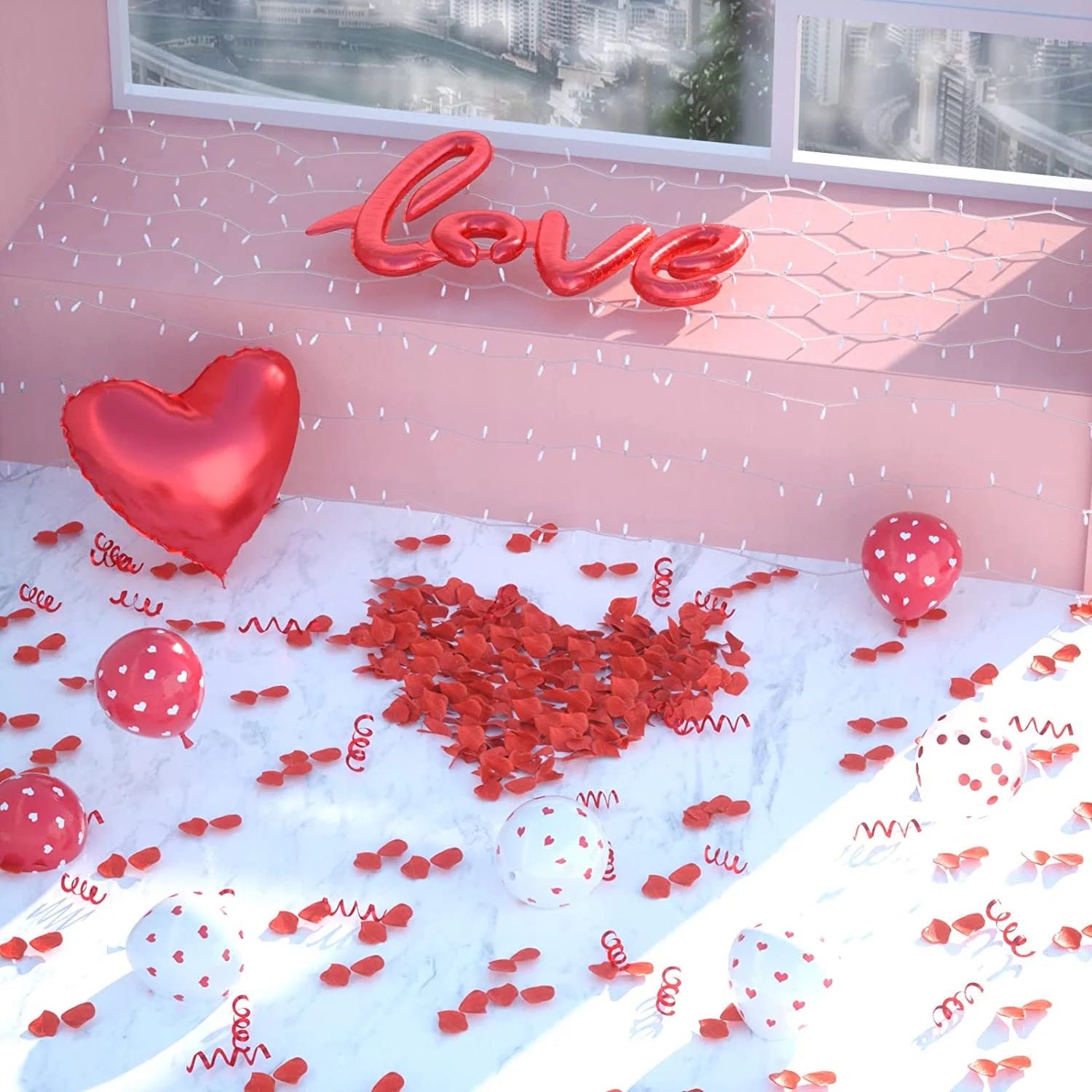 Valentines Day Balloons Kit - Heart Balloons Foil I Love You Balloons 500Pcs Rose Petals for Valentines Day Decorations