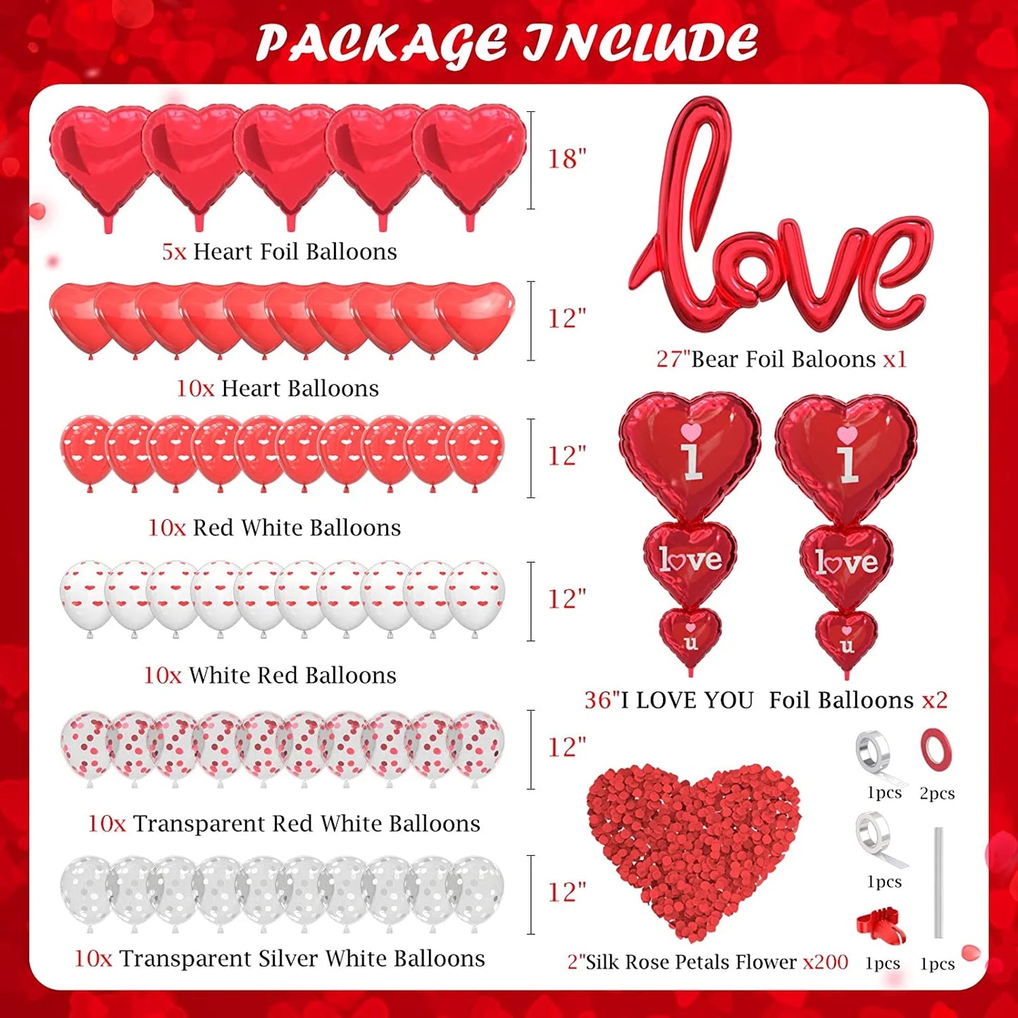 Valentines Day Balloons Kit - Heart Balloons Foil I Love You Balloons 500Pcs Rose Petals for Valentines Day Decorations