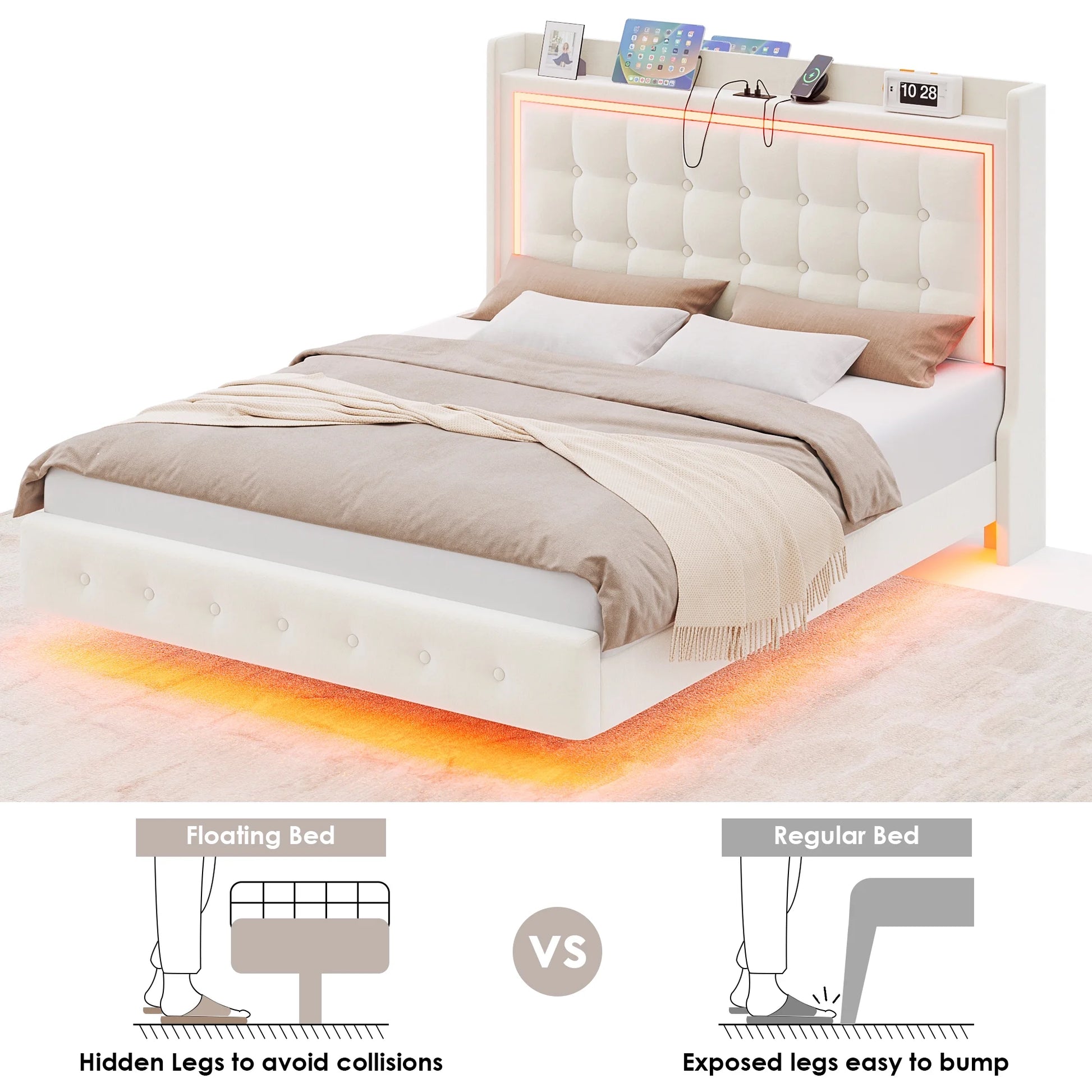 Twin Size Floating Bed Frame with RGB LED Lights & Charging Station, Modern Velvet Upholstered Platform Bed Frame with Storage Headboard, Off-White