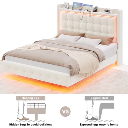 Twin Size Floating Bed Frame with RGB LED Lights & Charging Station, Modern Velvet Upholstered Platform Bed Frame with Storage Headboard, Off-White
