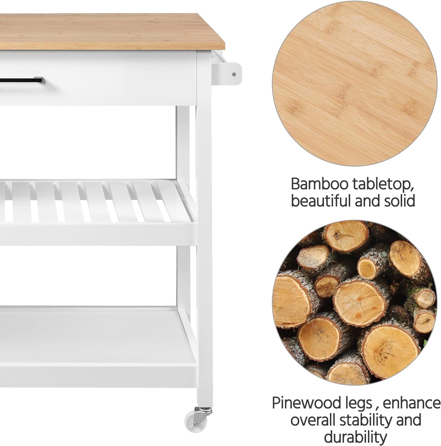 Kitchen Island Cart on Wheels, 3 Tiers Rolling Utility Cart with Rubberwood Countertop and Drawer & 2 Spacious Storage Shelf, Serving Trolley for Dining Room, White