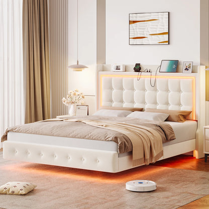 Twin Size Floating Bed Frame with RGB LED Lights & Charging Station, Modern Velvet Upholstered Platform Bed Frame with Storage Headboard, Off-White