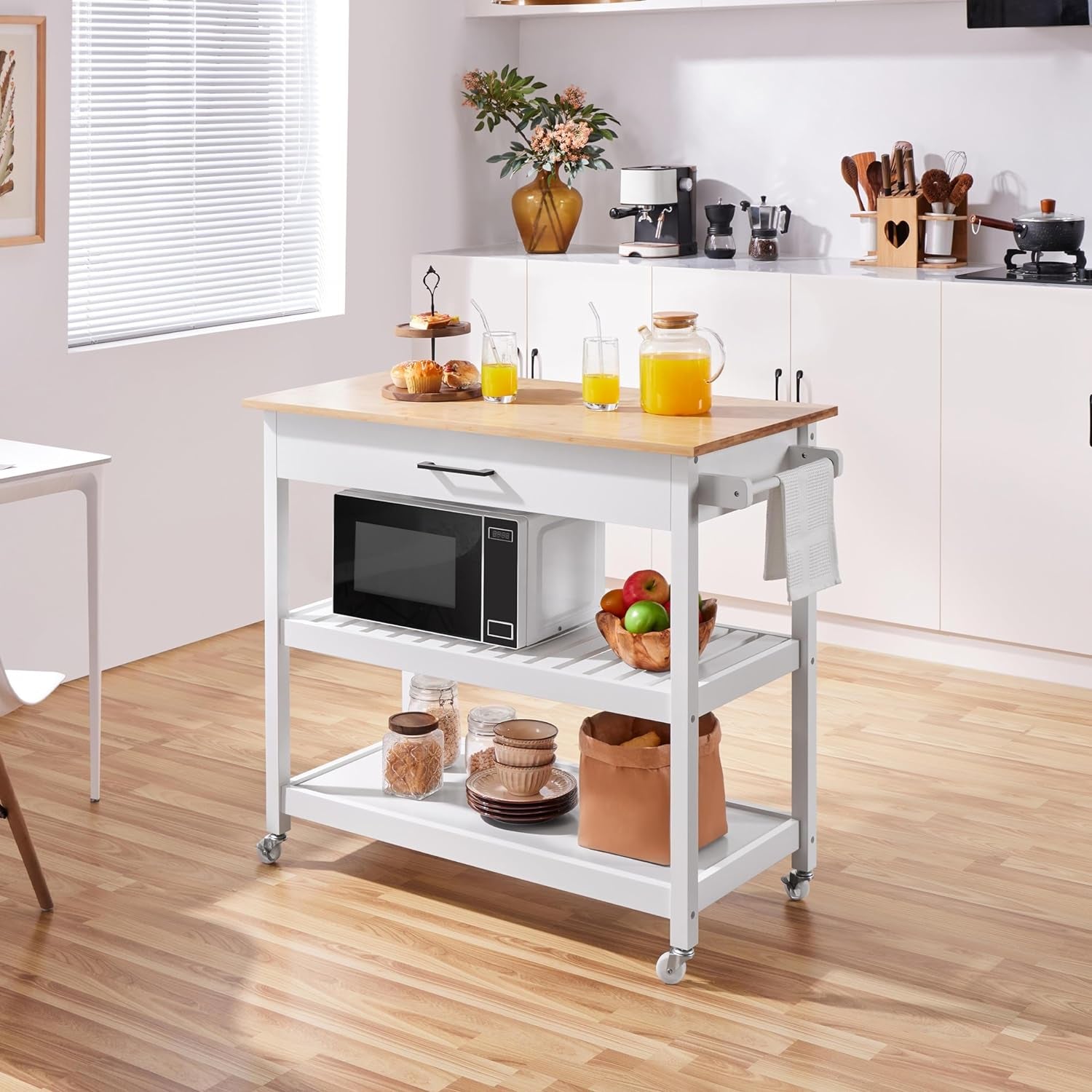 Kitchen Island Cart on Wheels, 3 Tiers Rolling Utility Cart with Rubberwood Countertop and Drawer & 2 Spacious Storage Shelf, Serving Trolley for Dining Room, White