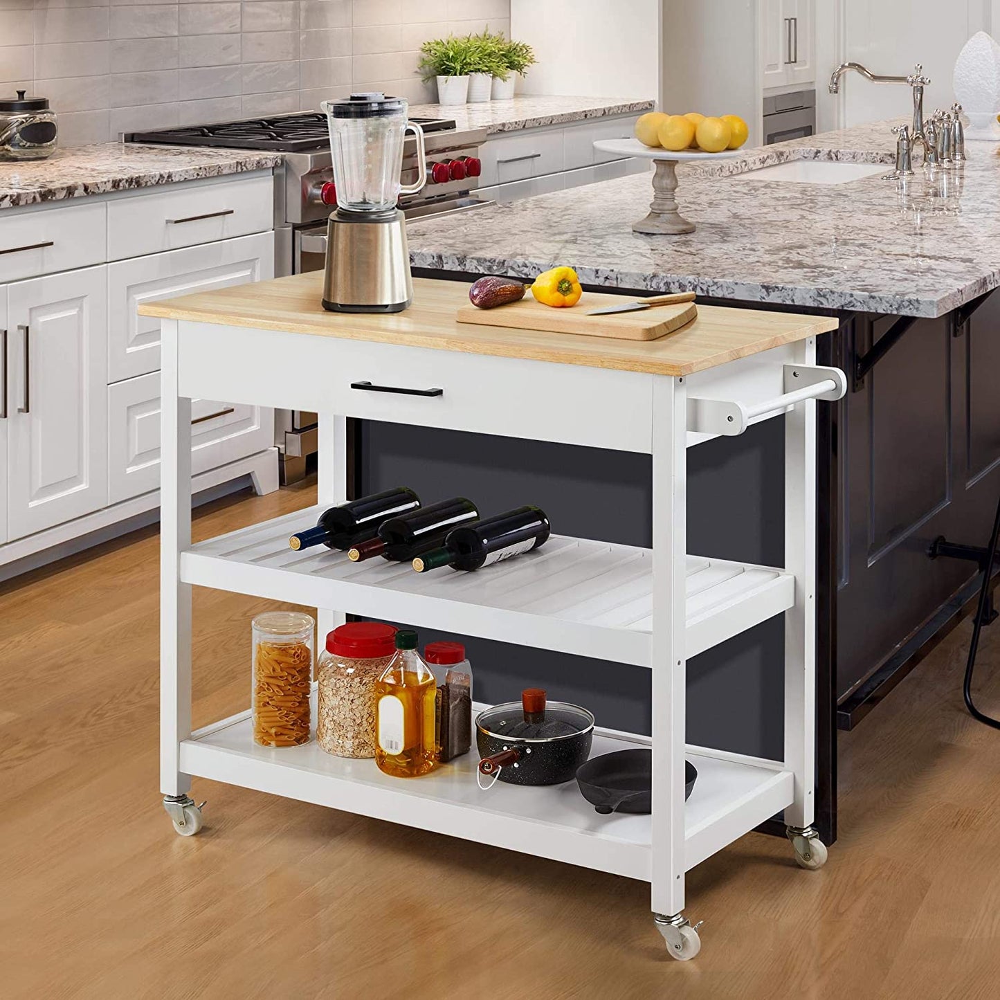 Kitchen Island Cart on Wheels, 3 Tiers Rolling Utility Cart with Rubberwood Countertop and Drawer & 2 Spacious Storage Shelf, Serving Trolley for Dining Room, White