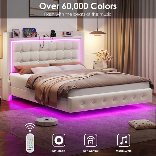 Twin Size Floating Bed Frame with RGB LED Lights & Charging Station, Modern Velvet Upholstered Platform Bed Frame with Storage Headboard, Off-White